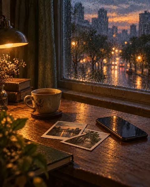 雨夜窗边的木桌上，手机、旧照片和一杯茶