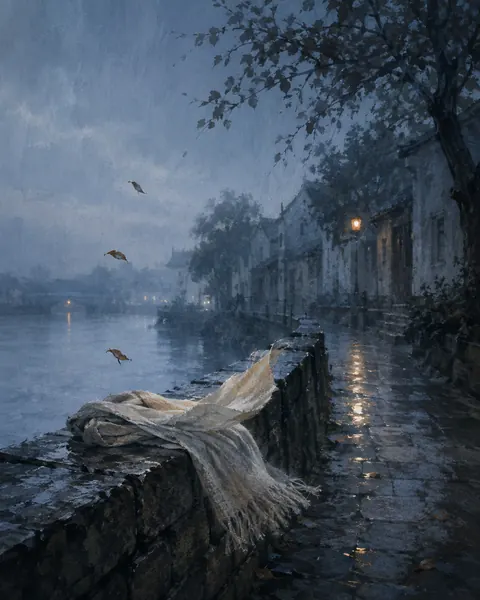 雨后河畔的旧街与被风轻轻扬起的围巾